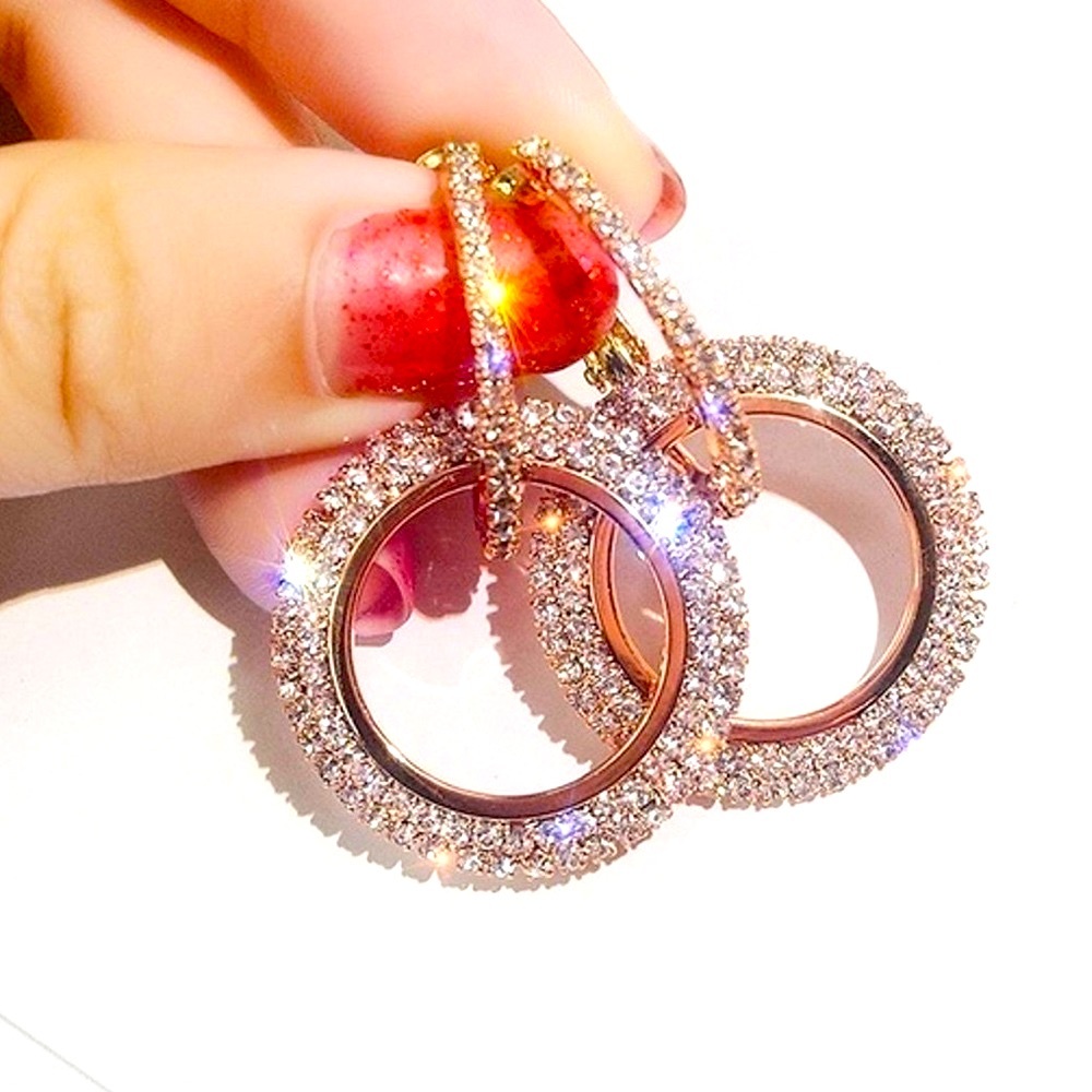 ✨Sparkly Rose Gold Rhinestone Round Circle Drop Earrings NEW - Perfect Gift